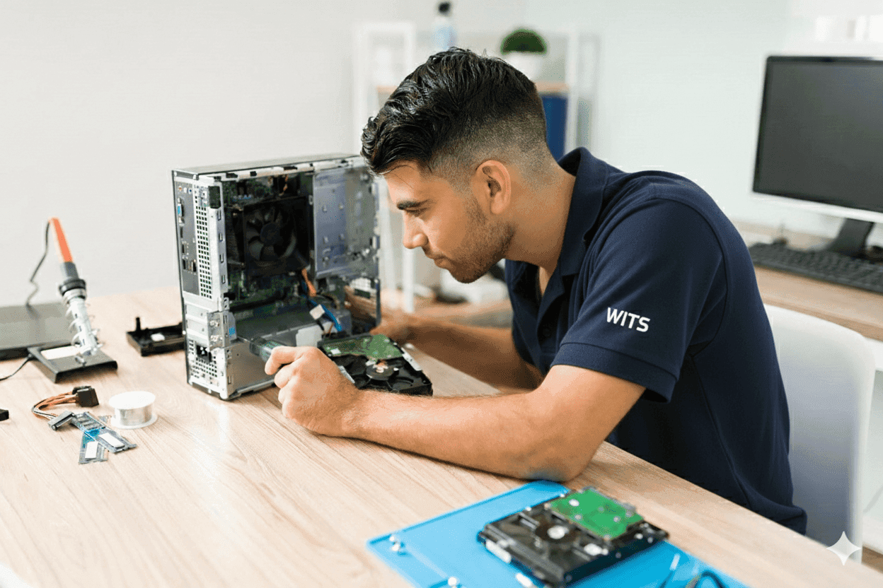 On-site computer repair technician fixing a laptop at a Utah home